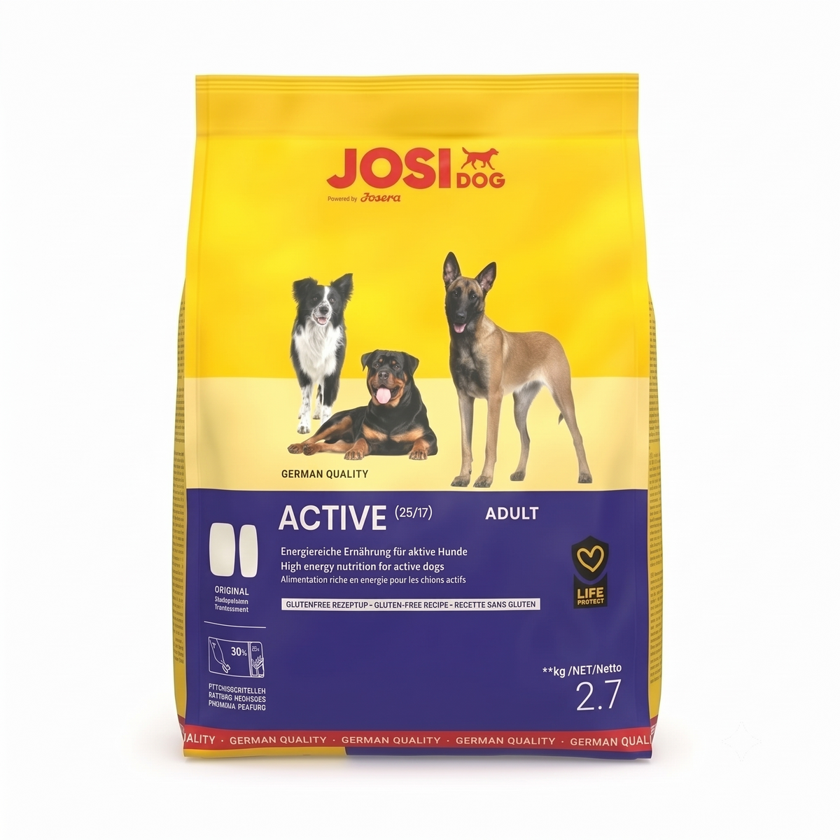 A bag of Josi Dog Active Adult dog food, 2.7 kg, featuring a yellow and dark blue packaging design with pictures of three dogs on the front. Sport dog kibble, agility dog food, high protein dog food, Life Protect pet food, working breed nutrition, energy-dense kibble, outdoor dog food, complete adult feed, active lifestyle pet food, JosiDog by Josera, German quality pet food, performance dog kibble, active canine diet, robust dog food, 2.7 kg pet food bag.