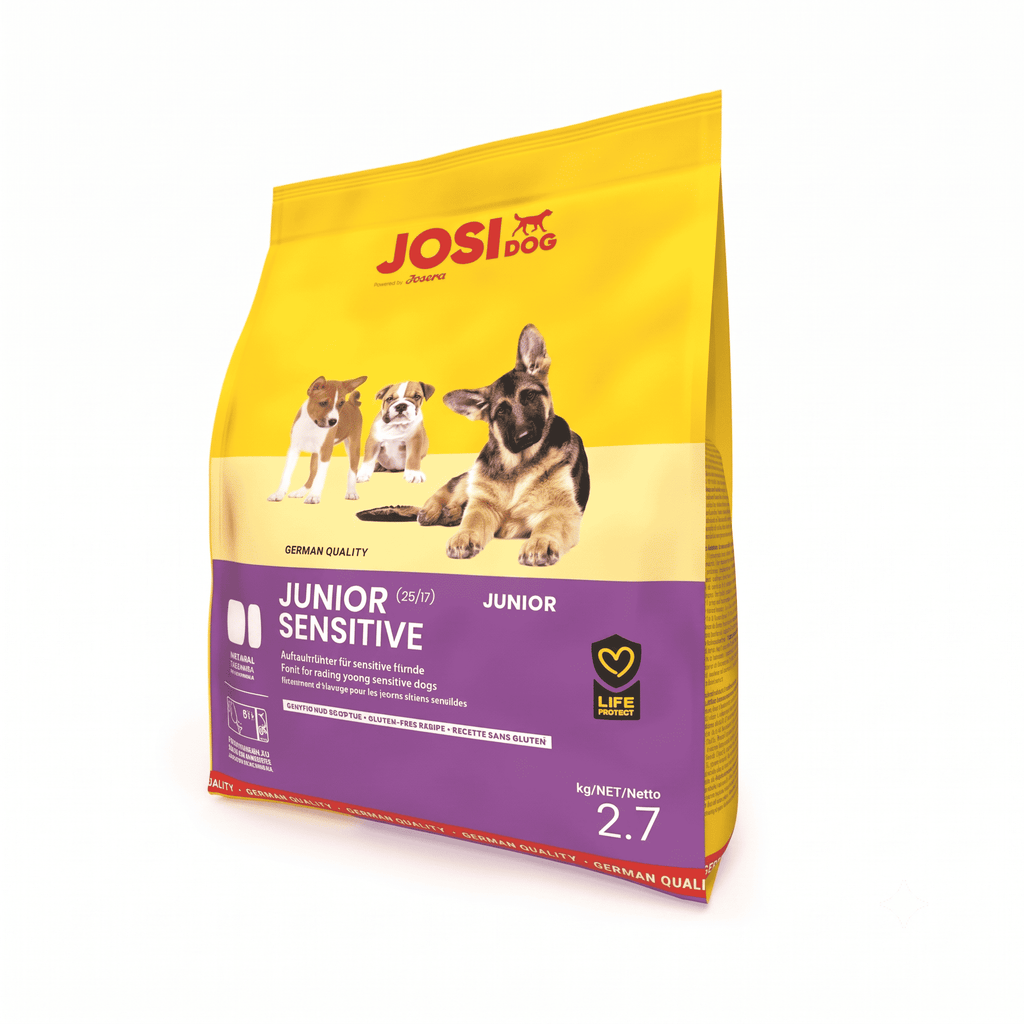 JosiDog Junior Sensitive, Josera dog food, JosiDog premium kibble, Josera puppy food, puppy food, junior dog food, dry food for young dogs, growing puppy nutrition, kibble for puppies, sensitive puppy food, gluten-free dog food, sensitive stomach puppy kibble, easy-to-digest dog food, gluten-free puppy recipe, premium dry dog food, German quality pet food, Life Protect dog food, complete feed for dogs, 2.7kg puppy food