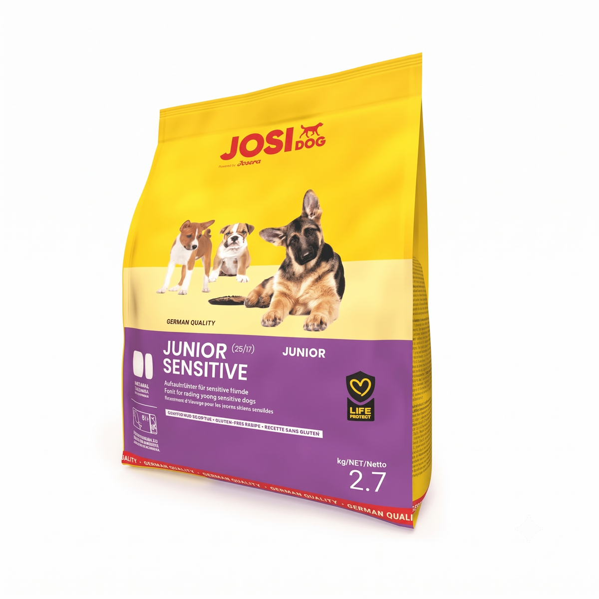 JosiDog Junior Sensitive, Josera dog food, JosiDog premium kibble, Josera puppy food, puppy food, junior dog food, dry food for young dogs, growing puppy nutrition, kibble for puppies, sensitive puppy food, gluten-free dog food, sensitive stomach puppy kibble, easy-to-digest dog food, gluten-free puppy recipe, premium dry dog food, German quality pet food, Life Protect dog food, complete feed for dogs, 2.7kg puppy food