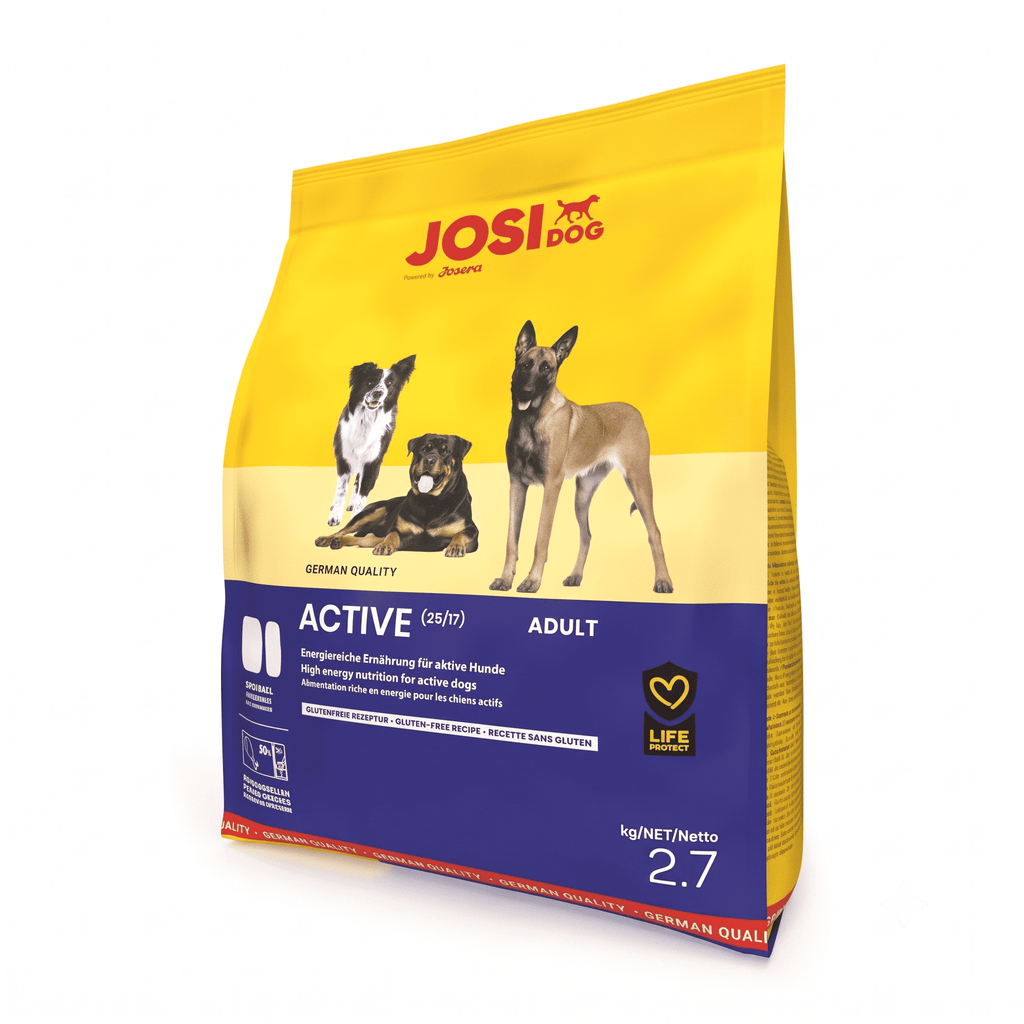 JOSI Dog food package for active adult dogs on a white background Sport dog kibble, agility dog food, high protein dog food, Life Protect pet food, working breed nutrition, energy-dense kibble, outdoor dog food, complete adult feed, active lifestyle pet food, JosiDog by Josera, German quality pet food, performance dog kibble, active canine diet, robust dog food, 2.7 kg pet food bag.Sport dog kibble, agility dog food, high protein dog food, Life Protect pet food, working breed nutrition, energy-dense kibble,
