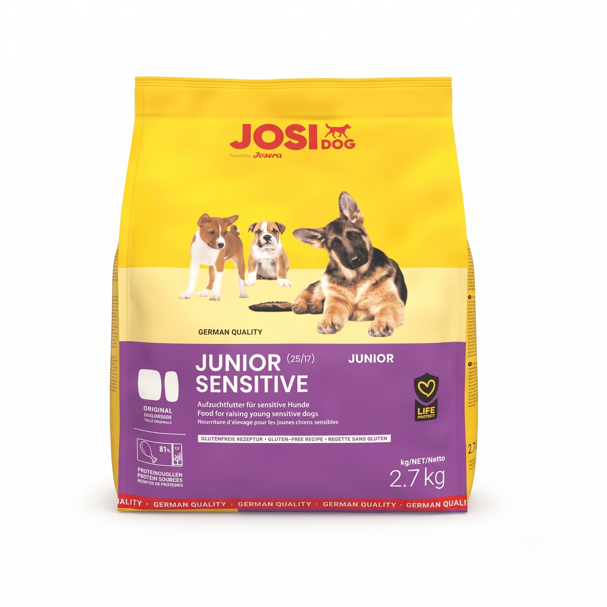JosiDog Junior Sensitive, Josera dog food, JosiDog premium kibble, Josera puppy food, puppy food, junior dog food, dry food for young dogs, growing puppy nutrition, kibble for puppies, sensitive puppy food, gluten-free dog food, sensitive stomach puppy kibble, easy-to-digest dog food, gluten-free puppy recipe, premium dry dog food, German quality pet food, Life Protect dog food, complete feed for dogs, 2.7kg puppy food